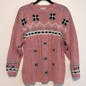 Vintage Mauve Pink Sweater with Embroidered Flowers - Medium